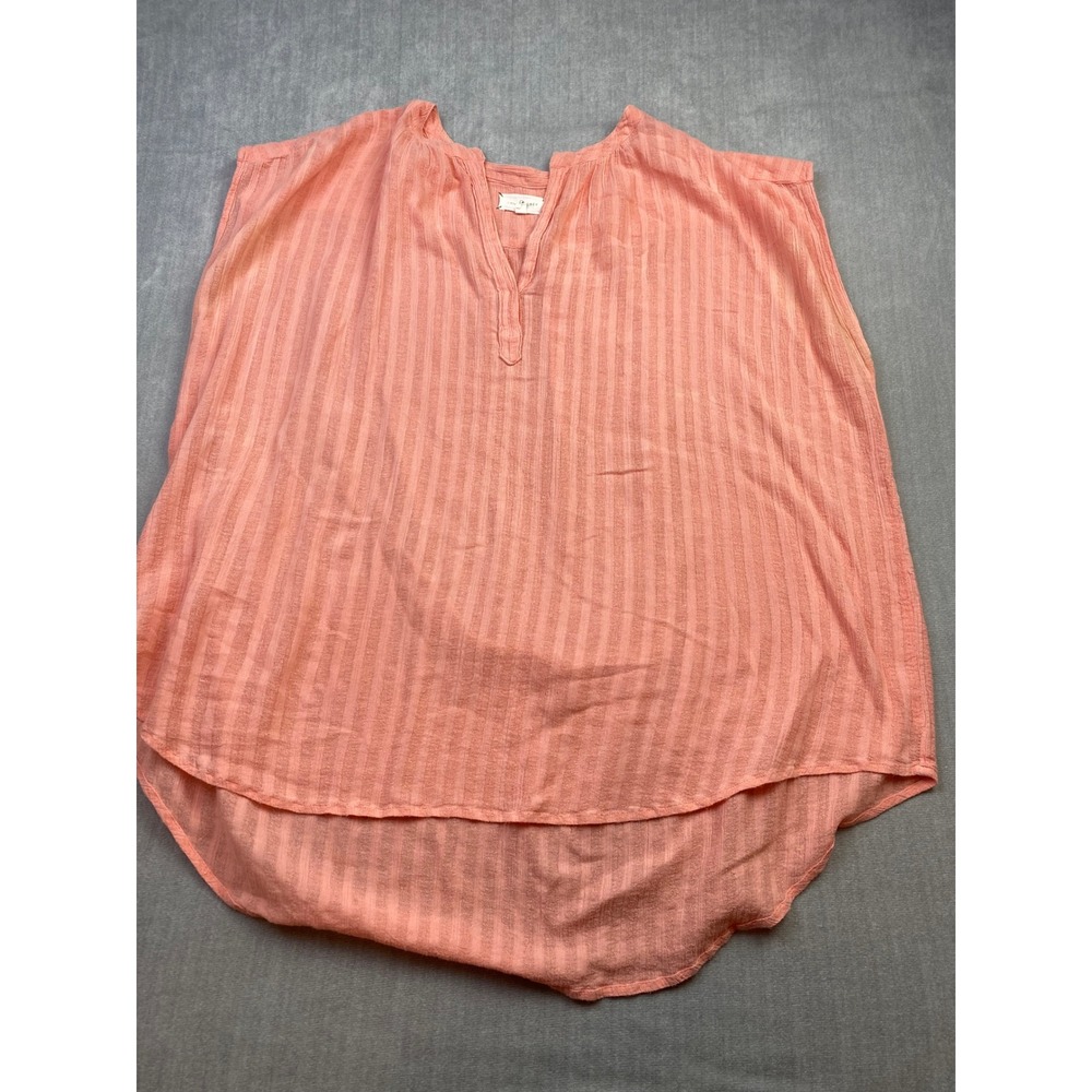Lou & Grey Coral‎ Pink Textured Stripe Cotton High Low V-Neck Blouse Large